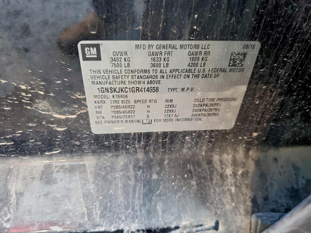 2016 Chevrolet Suburban K1500 Ltz VIN: 1GNSKJKC1GR414658 Lot: 93249165