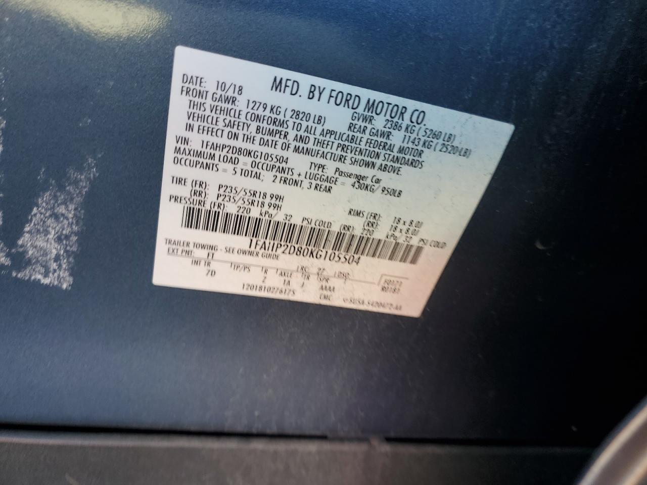 2019 Ford Taurus Se VIN: 1FAHP2D80KG105504 Lot: 92531195