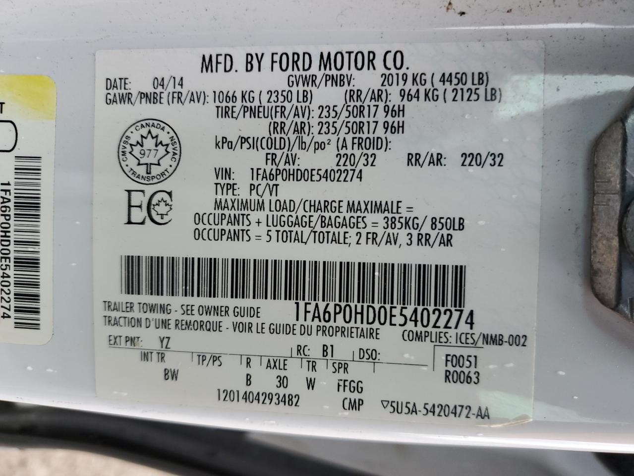 2014 Ford Fusion Se VIN: 1FA6P0HD0E5402274 Lot: 91226065