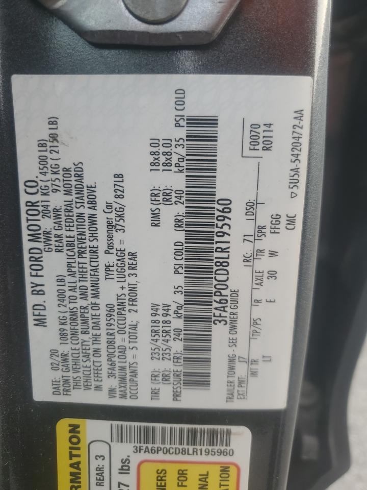 2020 Ford Fusion Sel VIN: 3FA6P0CD8LR195960 Lot: 93205615