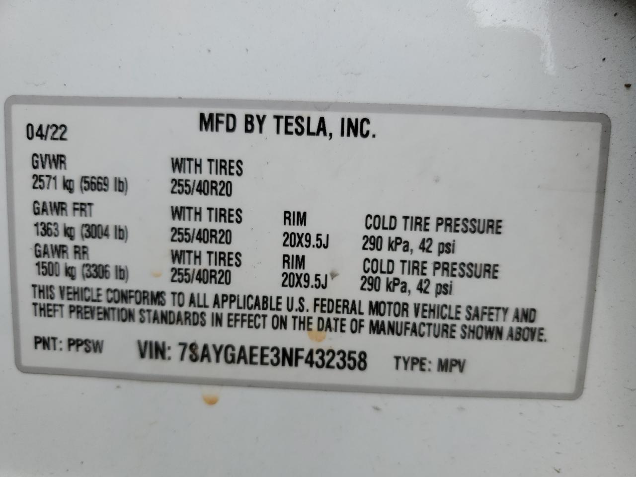 2022 Tesla Model Y VIN: 7SAYGAEE3NF432358 Lot: 91235425