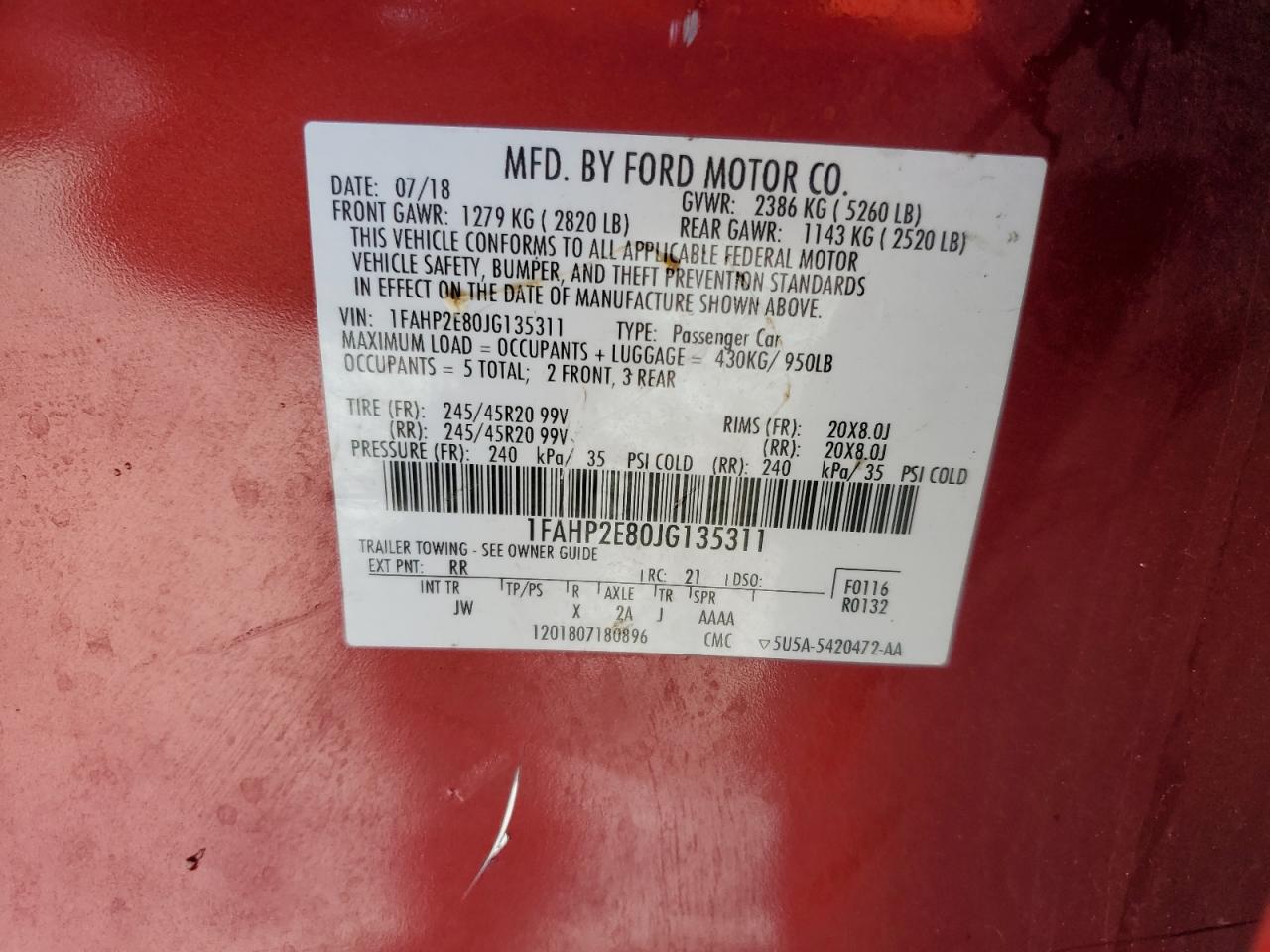 2018 Ford Taurus Sel VIN: 1FAHP2E80JG135311 Lot: 92436385