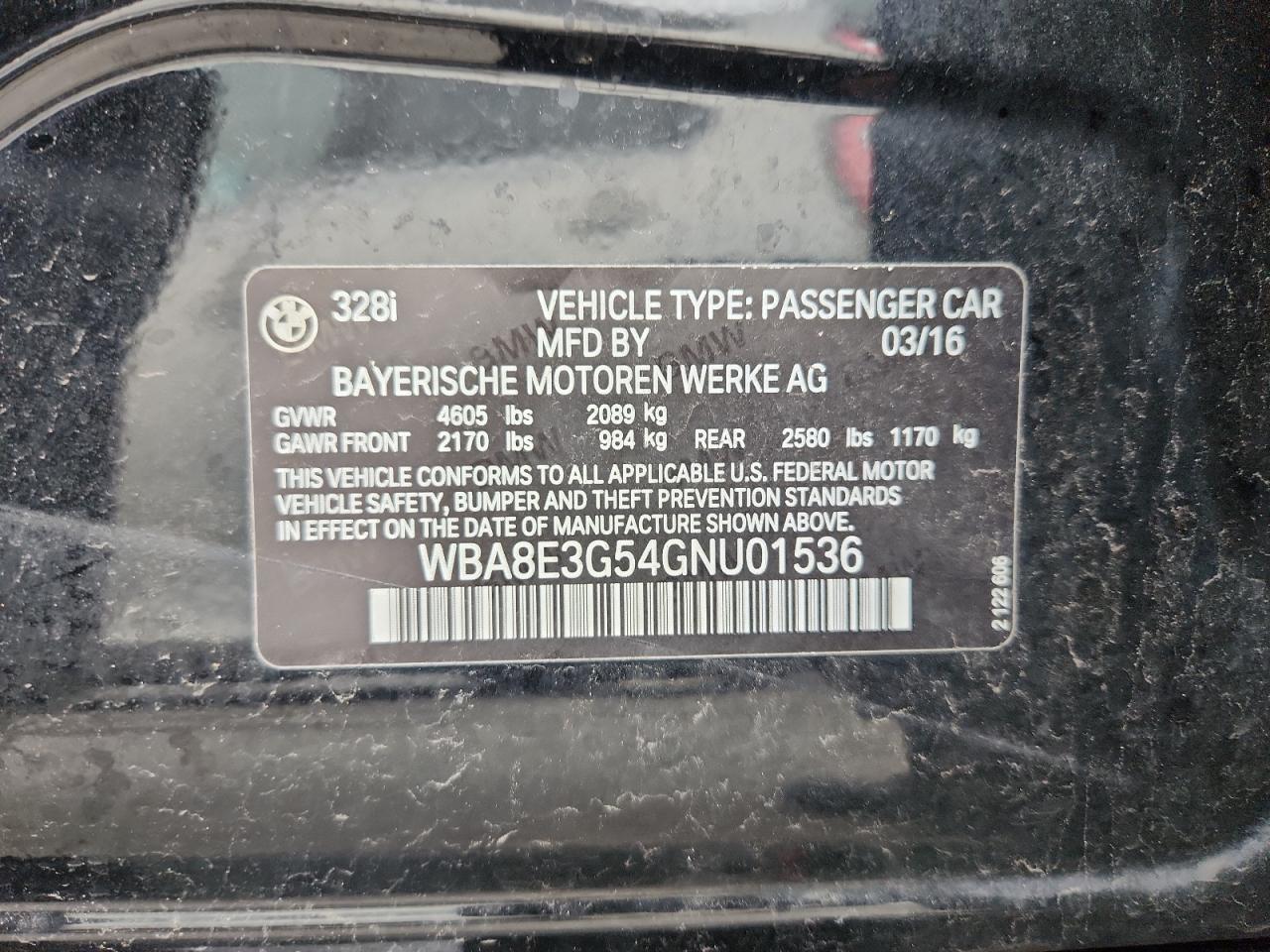 2016 BMW 328 Xi Sulev VIN: WBA8E3G54GNU01536 Lot: 93658135