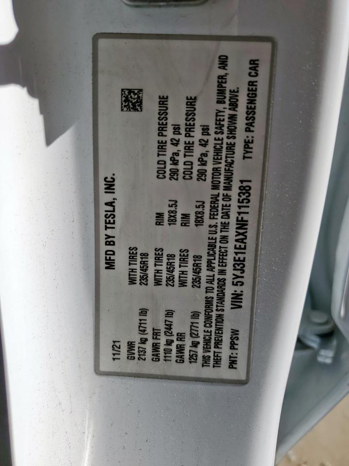 2022 Tesla Model 3 VIN: 5YJ3E1EAXNF115381 Lot: 89859855