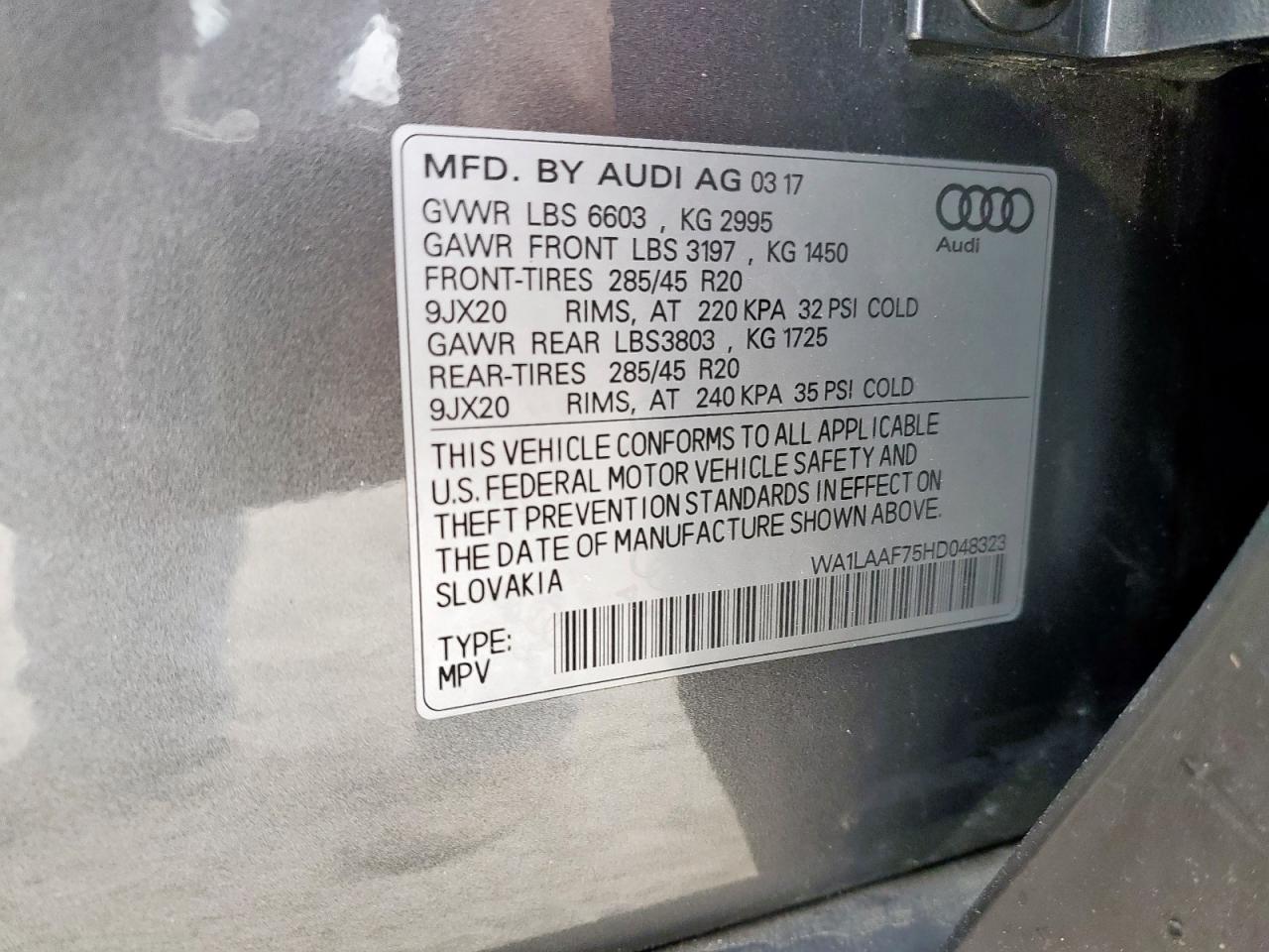 2017 Audi Q7 Premium Plus VIN: WA1LAAF75HD048323 Lot: 93521575