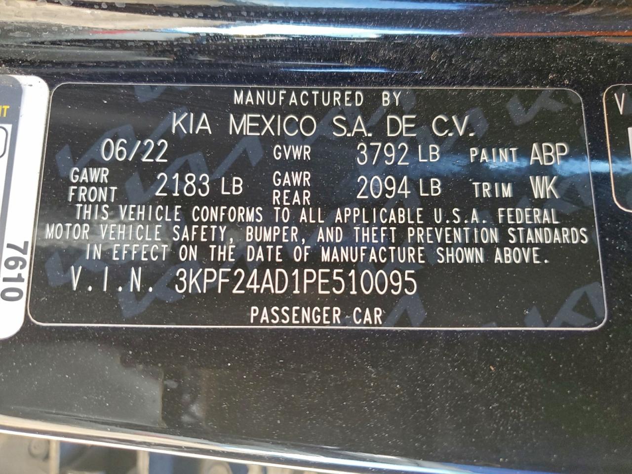 2023 Kia Forte Lx VIN: 3KPF24AD1PE510095 Lot: 93919375