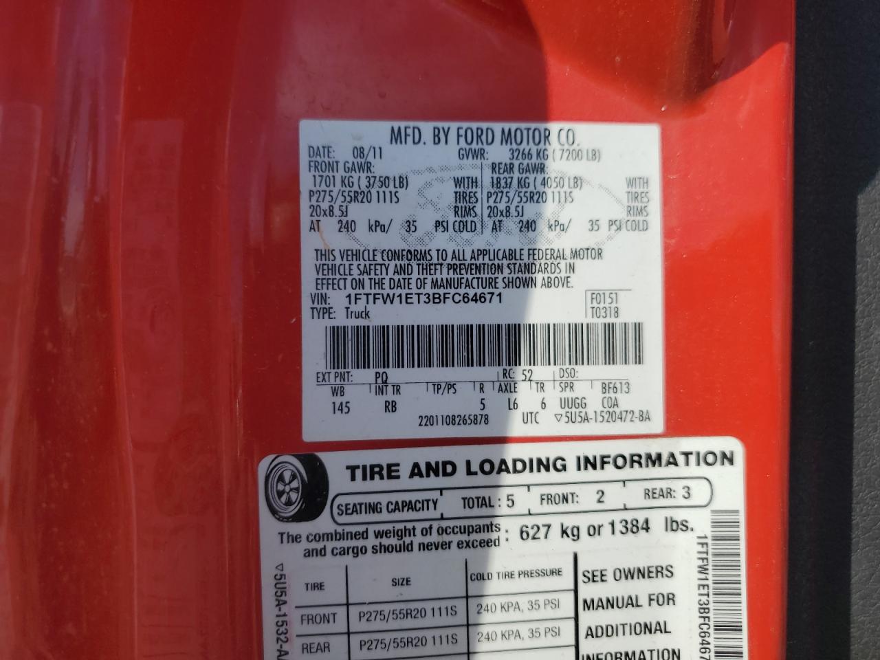 2011 Ford F150 Supercrew VIN: 1FTFW1ET3BFC64671 Lot: 92491735