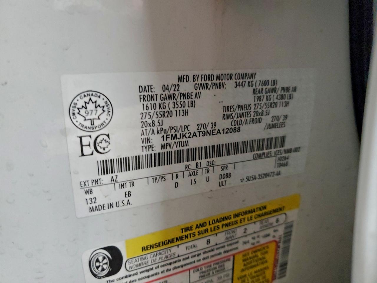 2022 Ford Expedition Max Limited VIN: 1FMJK2AT9NEA12088 Lot: 94693135