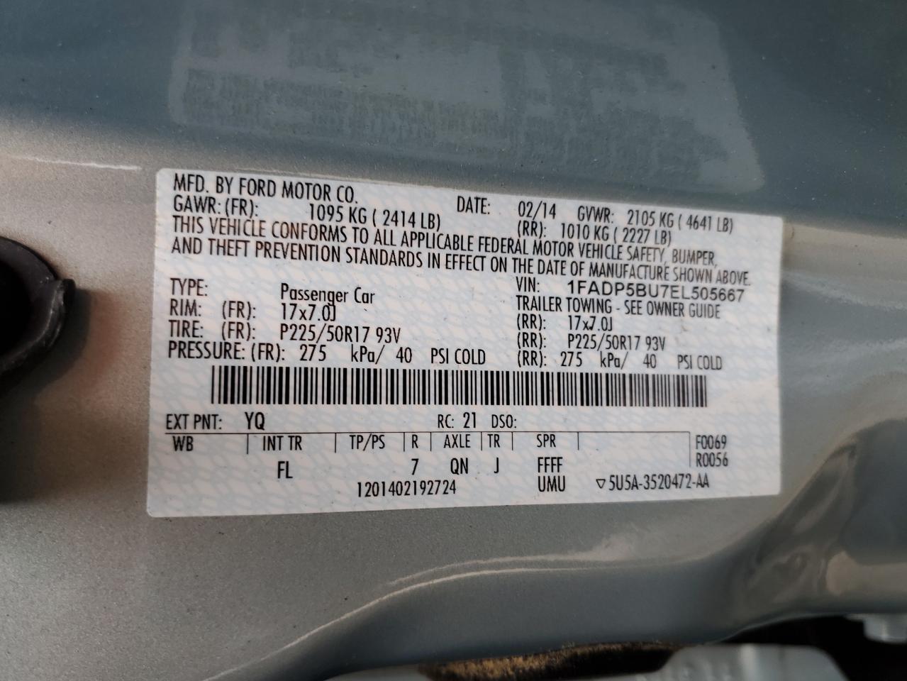 2014 Ford C-Max Sel VIN: 1FADP5BU7EL505667 Lot: 93448765