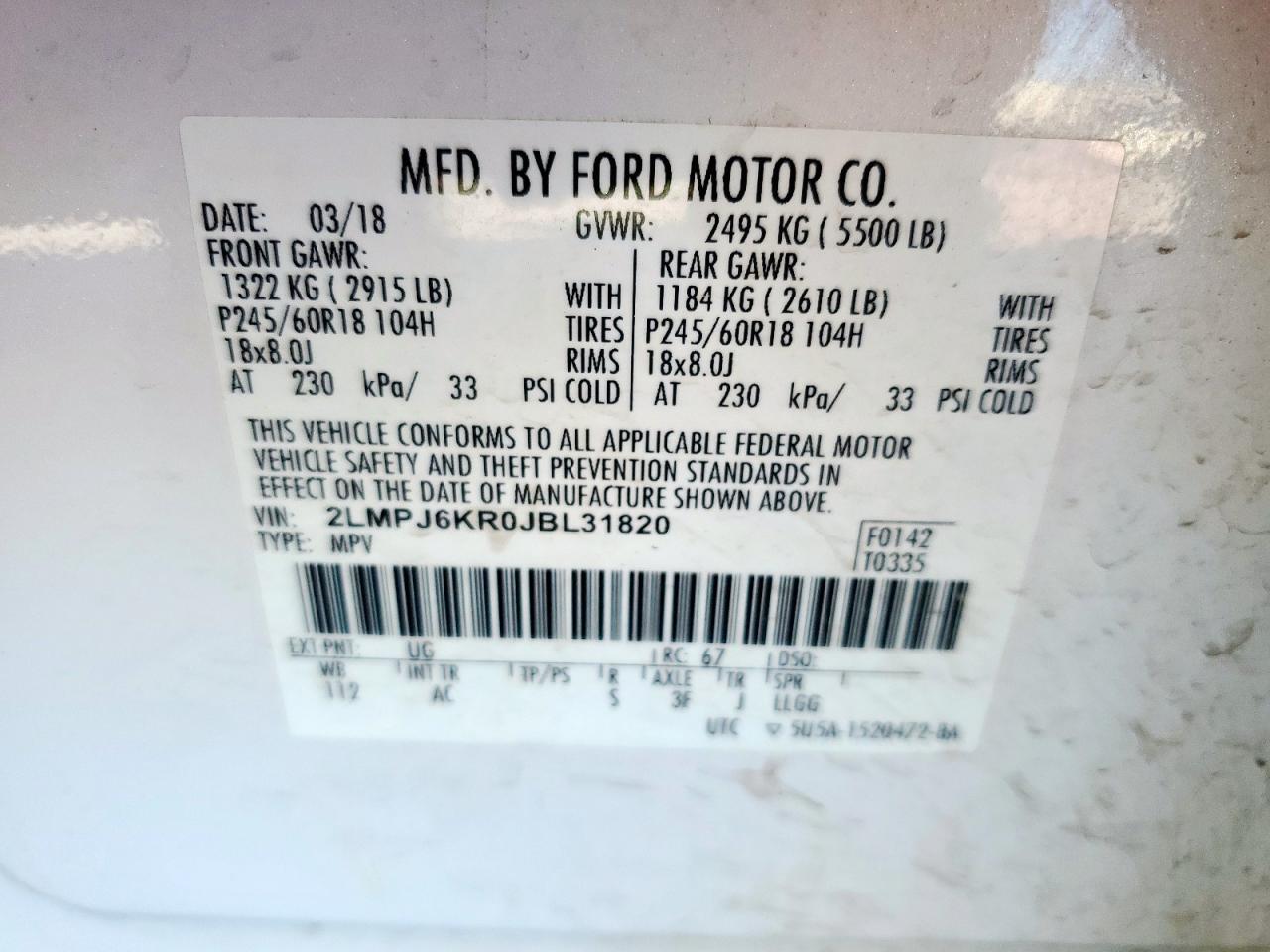 2018 Lincoln Mkx Select VIN: 2LMPJ6KR0JBL31820 Lot: 91366855