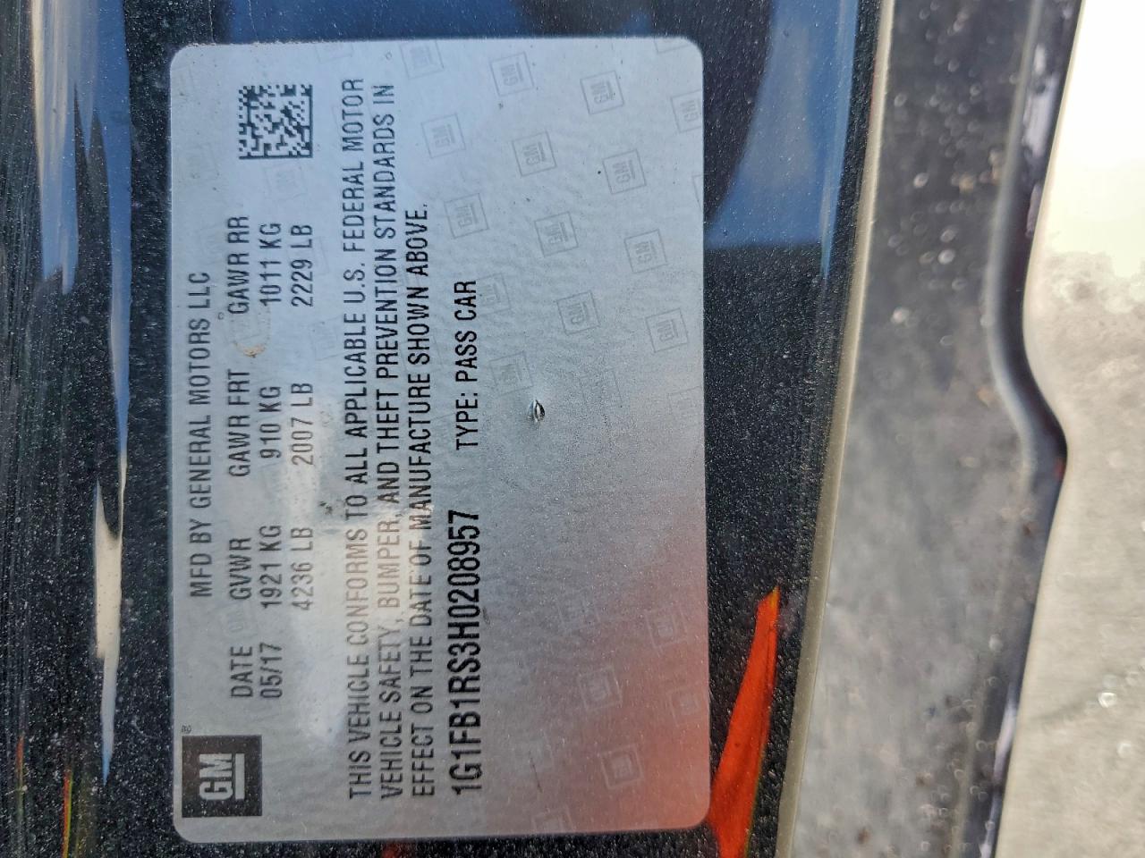 2017 Chevrolet Camaro Lt VIN: 1G1FB1RS3H0208957 Lot: 93057855