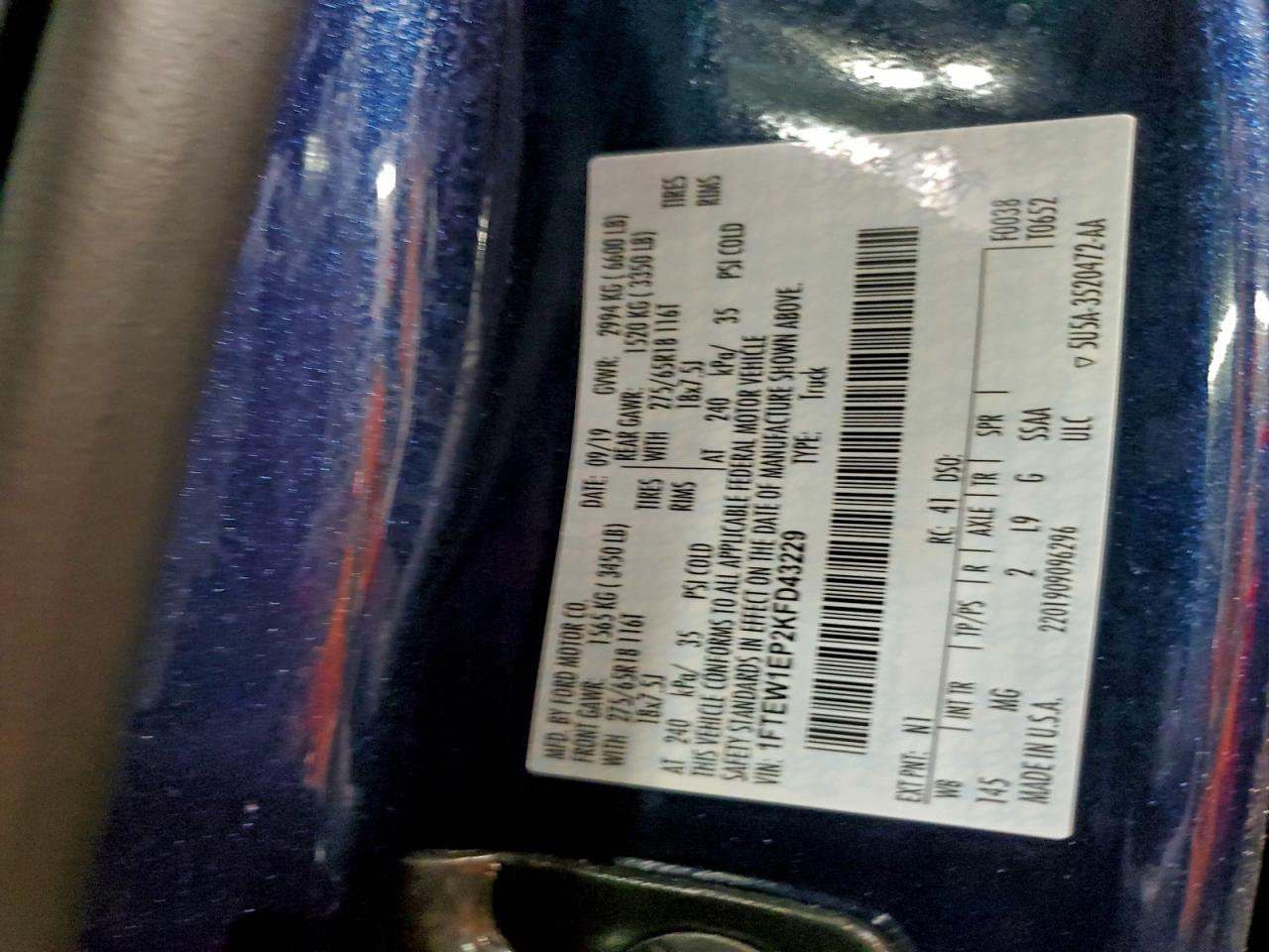 2019 Ford F150 Supercrew VIN: 1FTEW1EP2KFD43229 Lot: 94166635