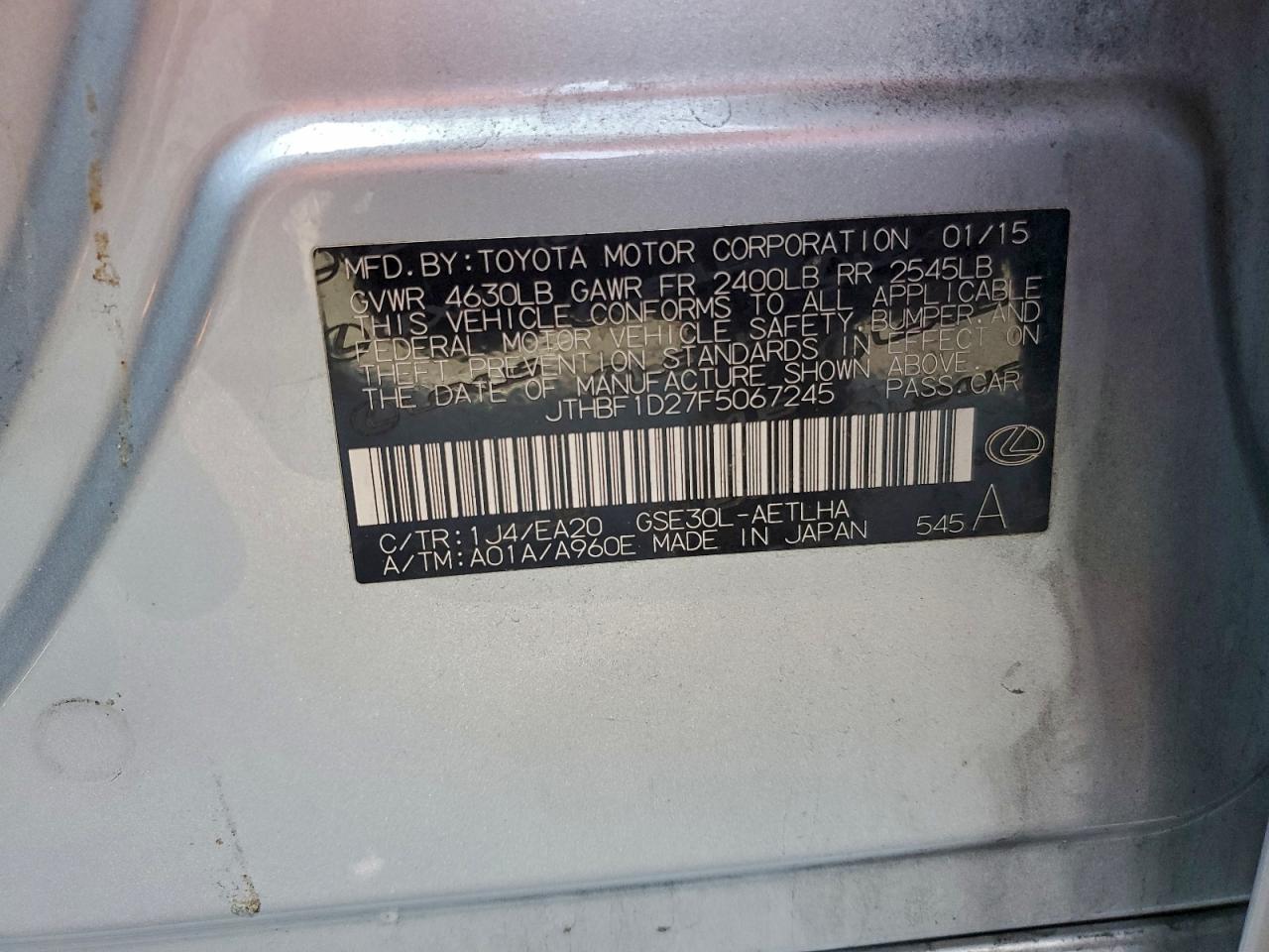 2015 Lexus Is 250 VIN: JTHBF1D27F5067245 Lot: 94756985