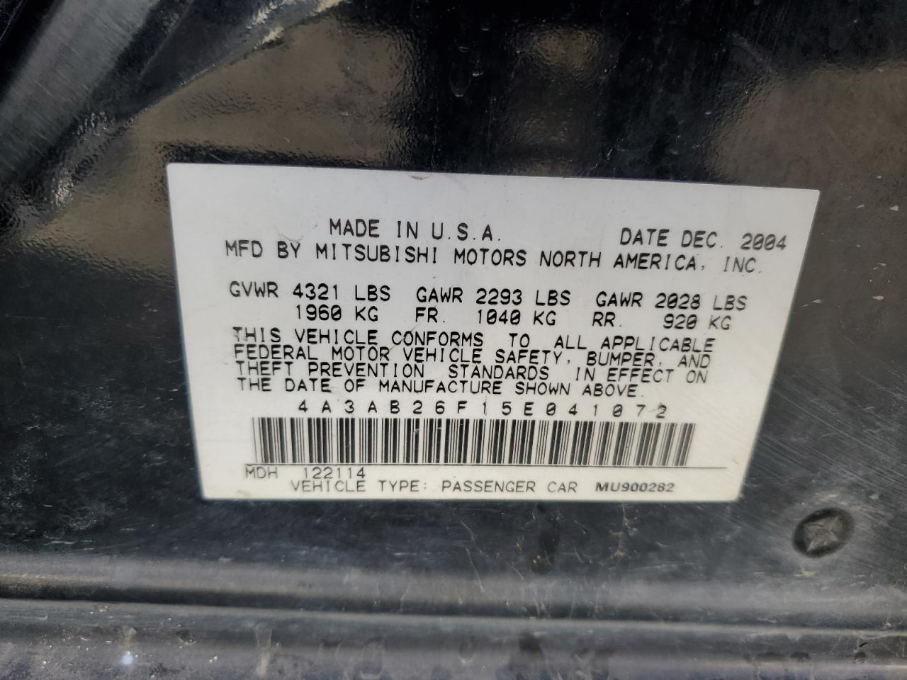 2005 Mitsubishi Galant De VIN: 4A3AB26F15E041072 Lot: 92533535