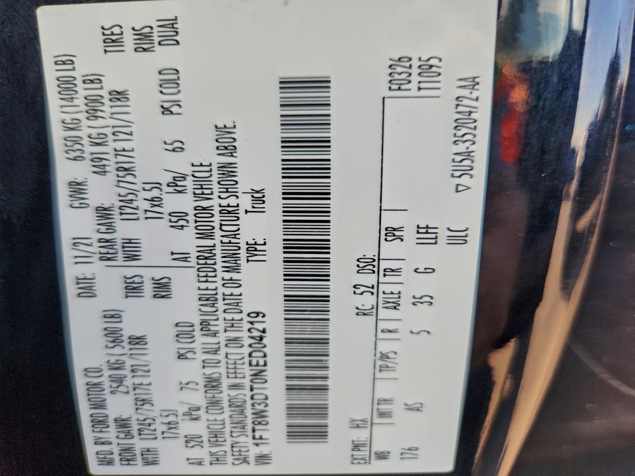 2022 Ford F350 Super Duty VIN: 1FT8W3DT0NED04219 Lot: 94179355