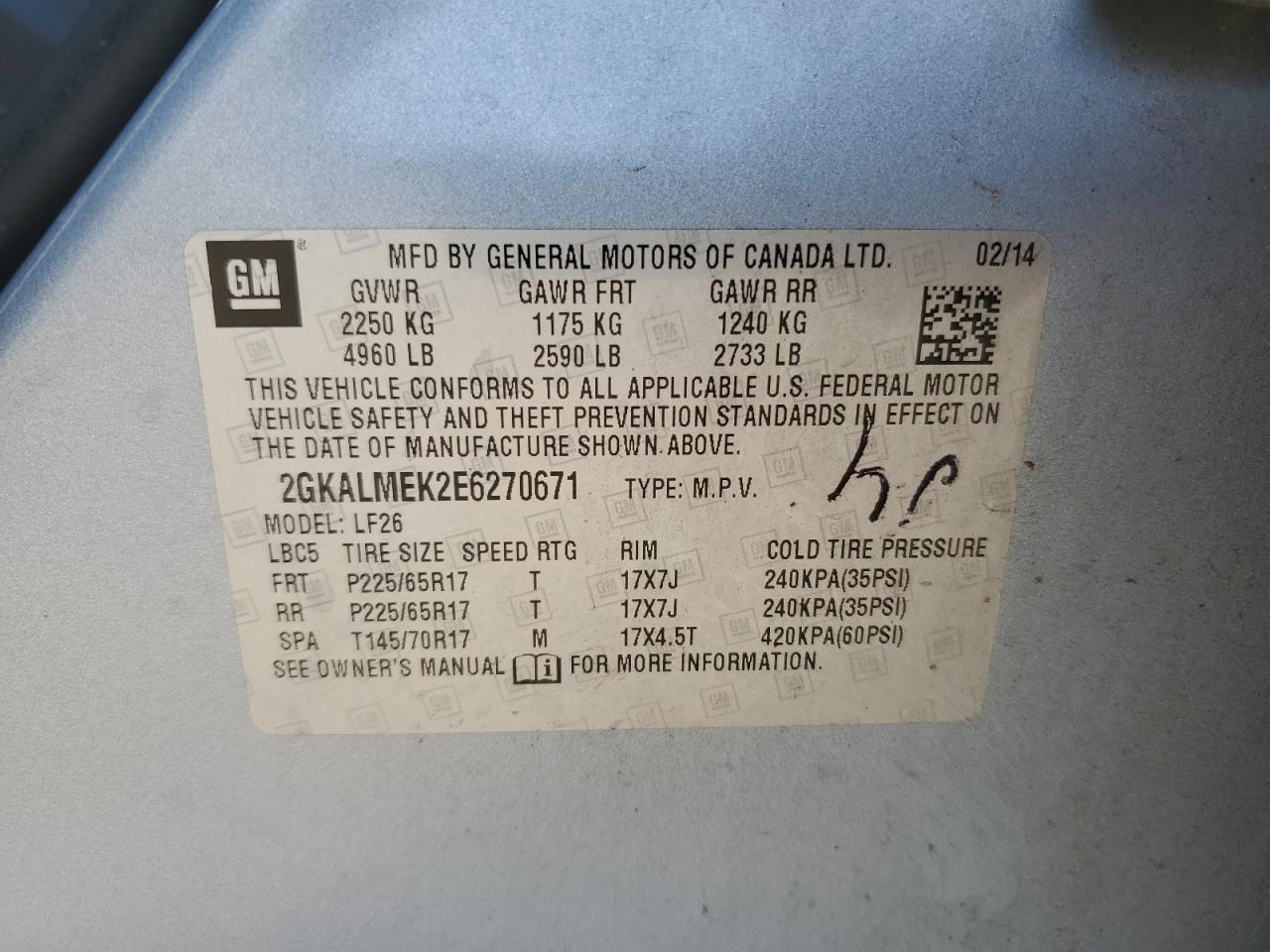 2014 GMC Terrain Sle VIN: 2GKALMEK2E6270671 Lot: 91030575