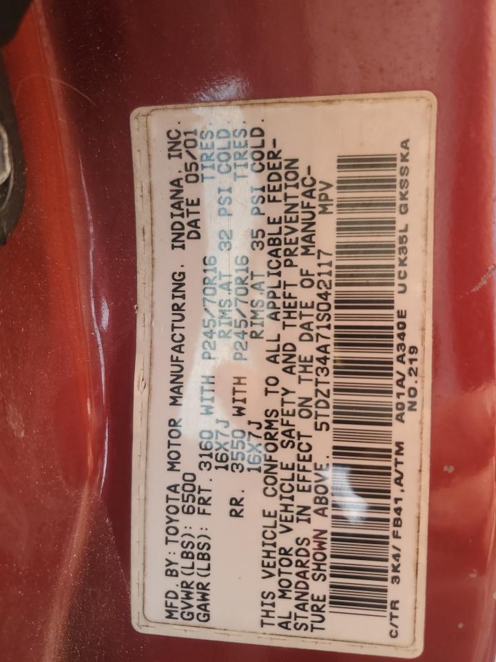 2001 Toyota Sequoia Sr5 VIN: 5TDZT34A71S042117 Lot: 91647255