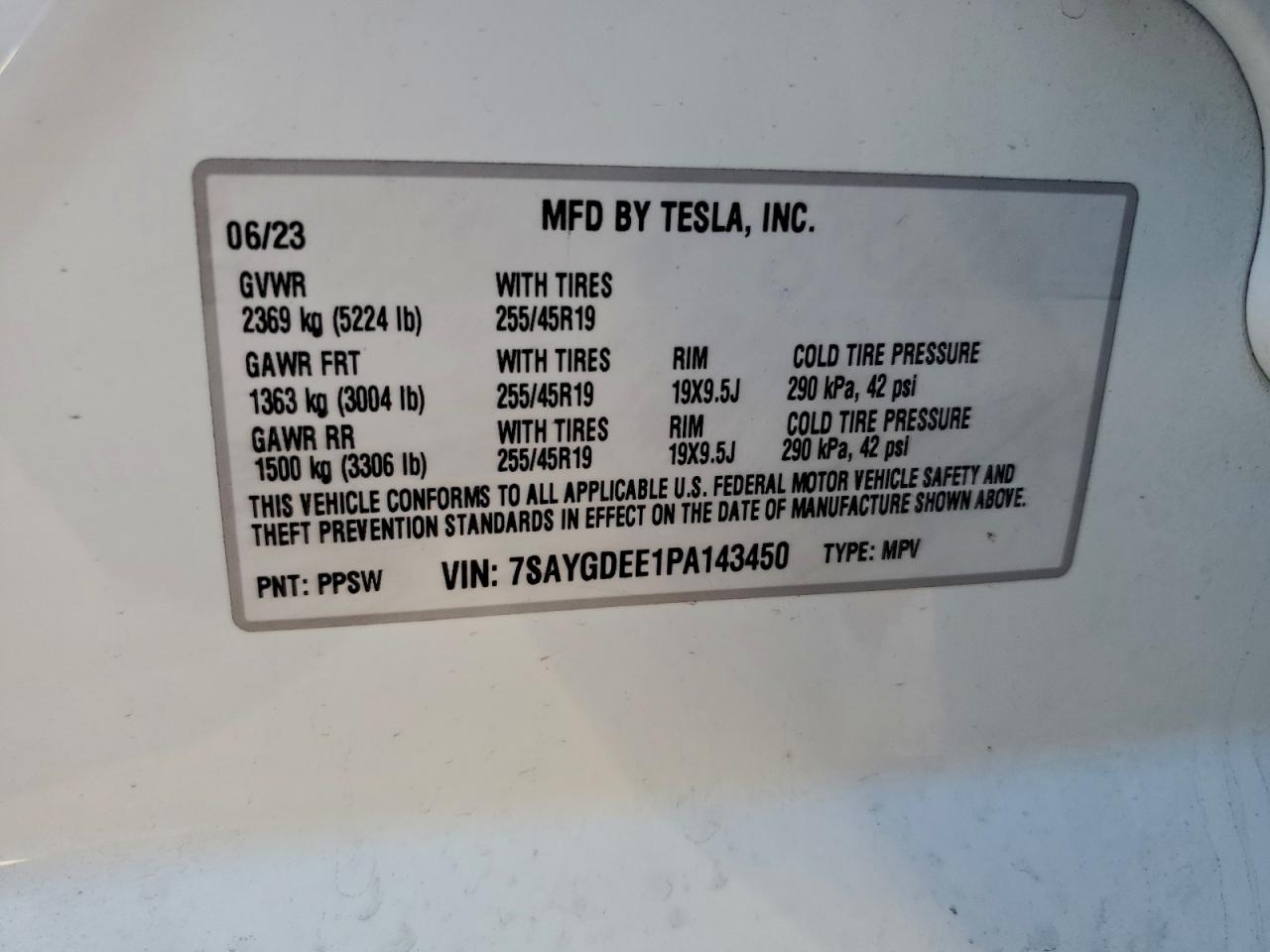 2023 Tesla Model Y VIN: 7SAYGDEE1PA143450 Lot: 94180945