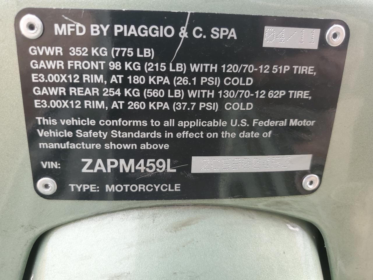 2012 Vespa Gts 300 Super VIN: ZAPM459L2C5900453 Lot: 92304955