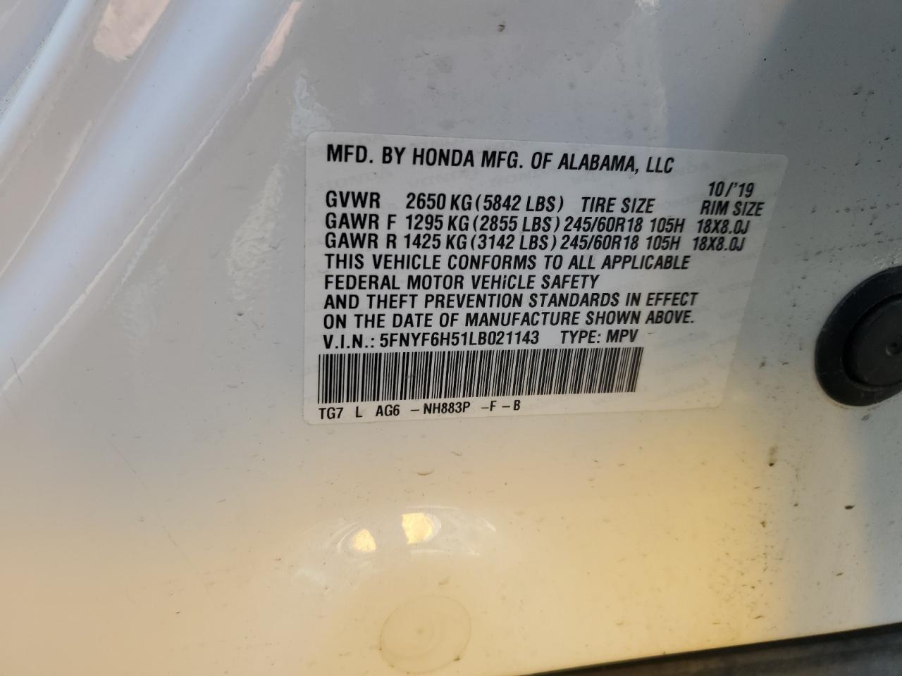 2020 Honda Pilot Exl VIN: 5FNYF6H51LB021143 Lot: 92122175