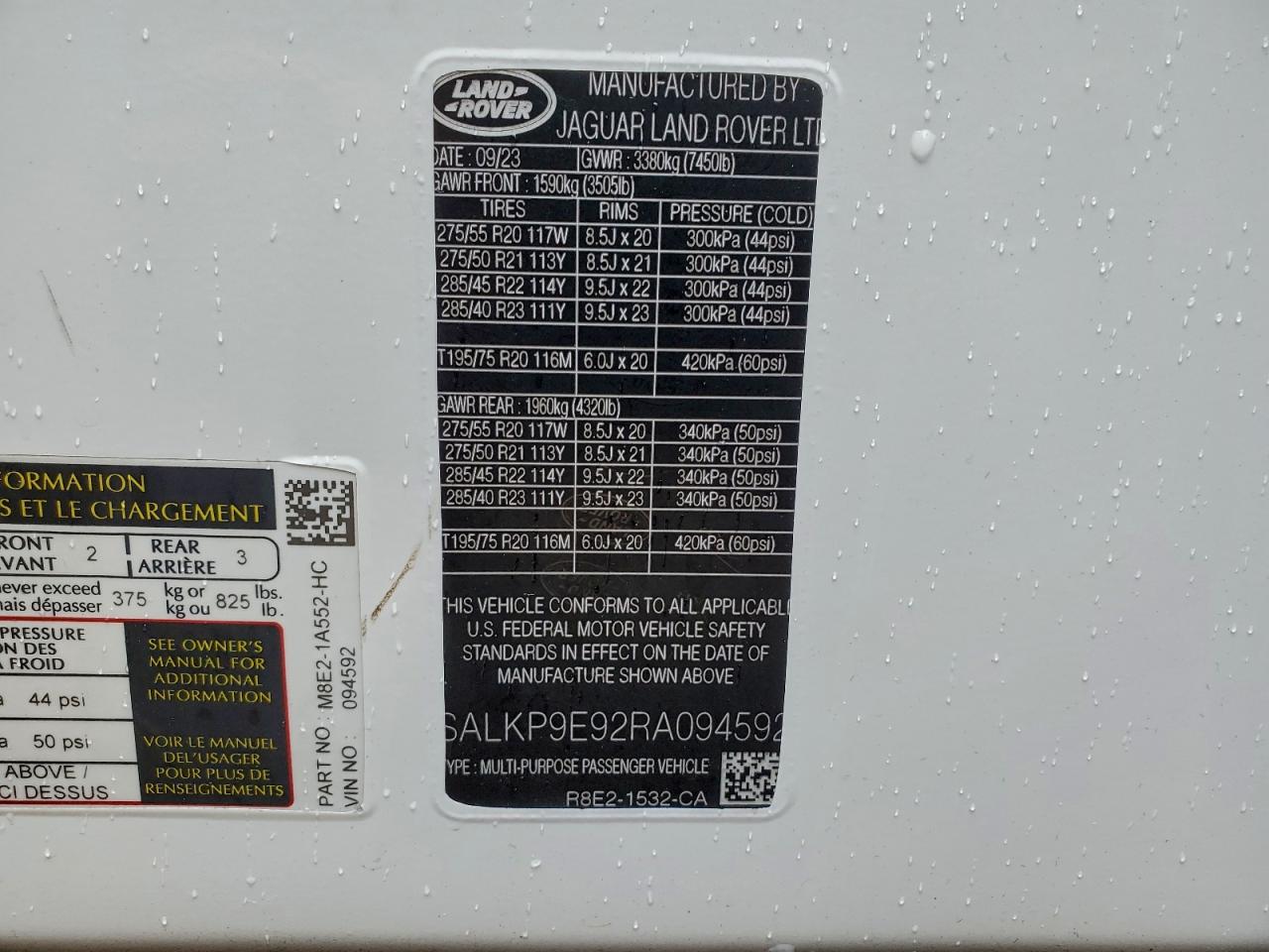 2024 Land Rover Range Rover Se VIN: SALKP9E92RA094592 Lot: 94110845