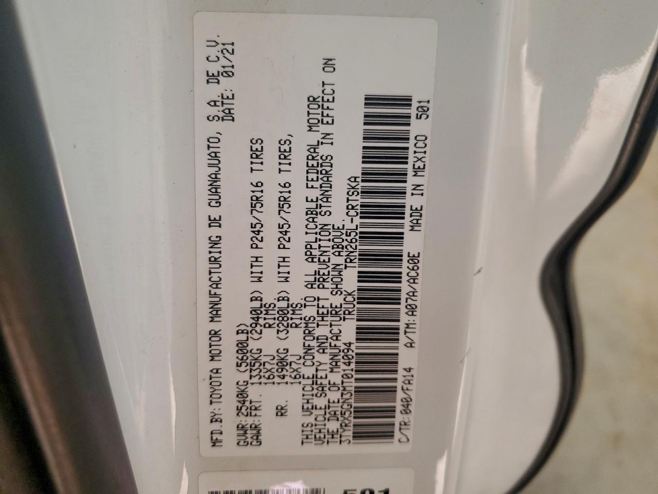 2021 Toyt Tacoma Ex Sr VIN: 3TYRX5GN3MT014094 Lot: 94441385