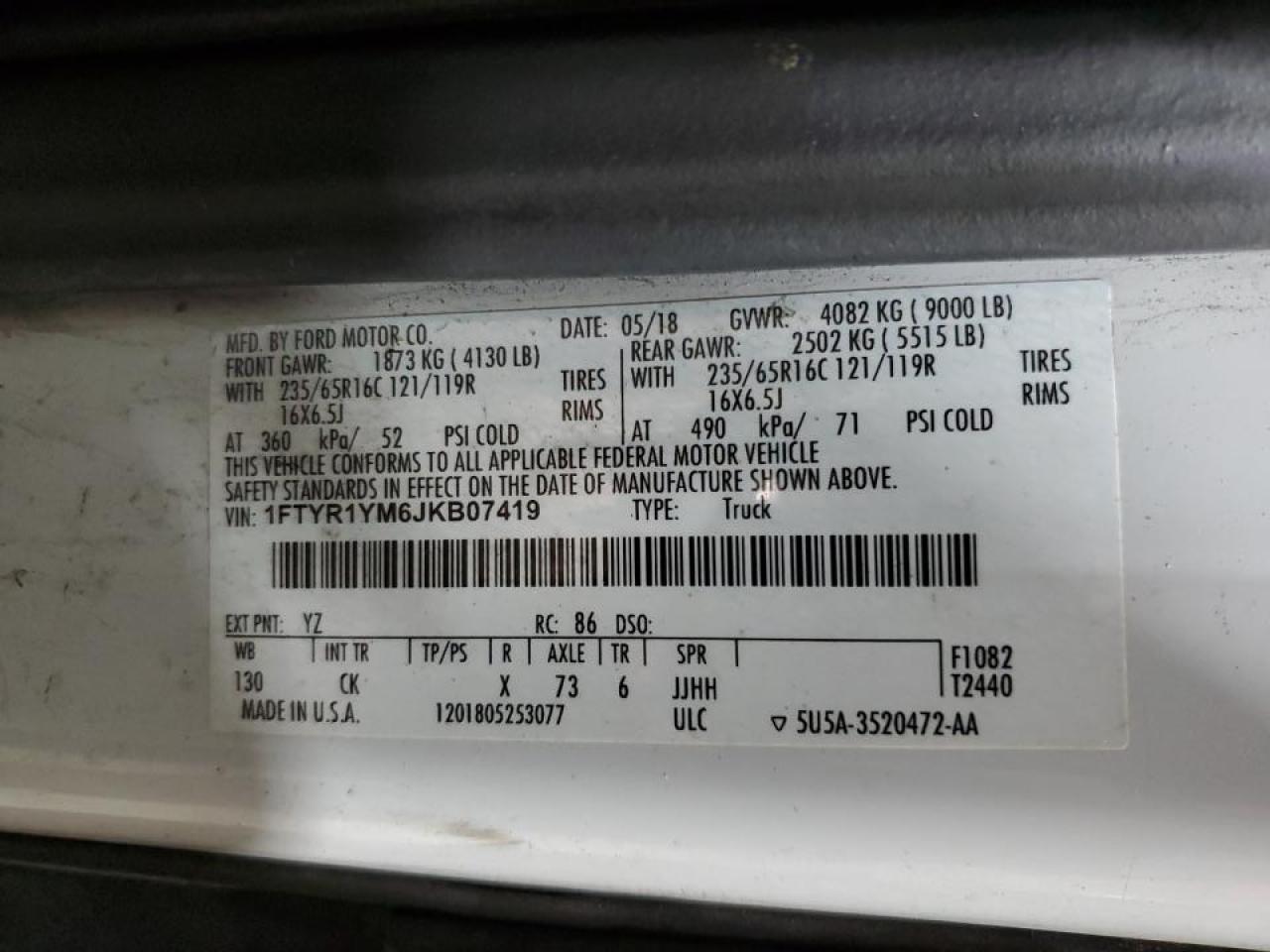 2018 Ford Transit 250 Delivery Van VIN: 1FTYR1YM6JKB07419 Lot: 90677015