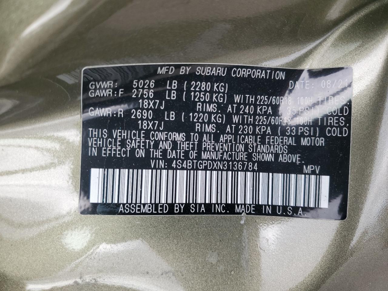 2022 Subaru Outback Touring VIN: 4S4BTGPDXN3136784 Lot: 93614725