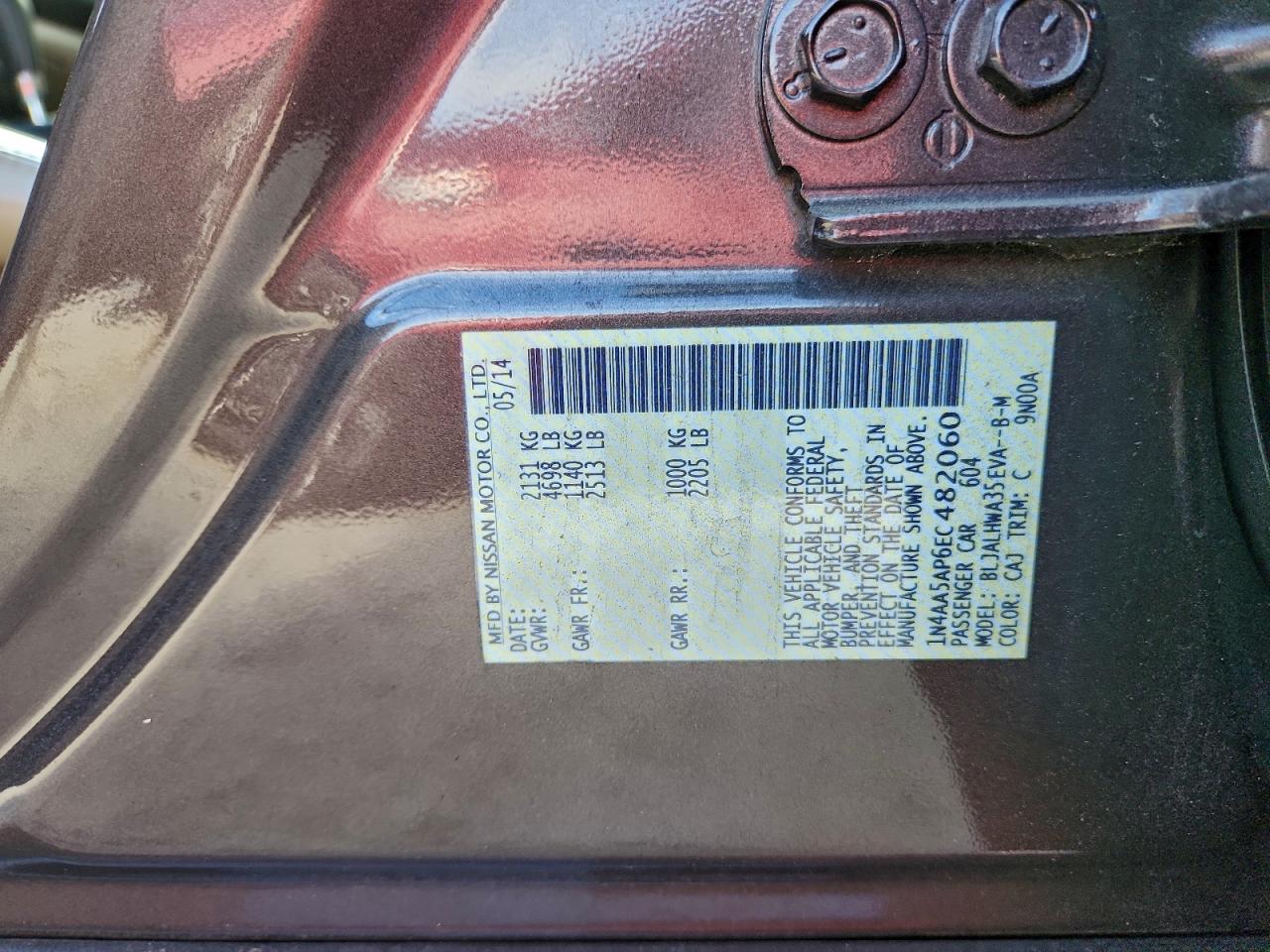 2014 Nissan Maxima S VIN: 1N4AA5AP6EC482060 Lot: 93849285