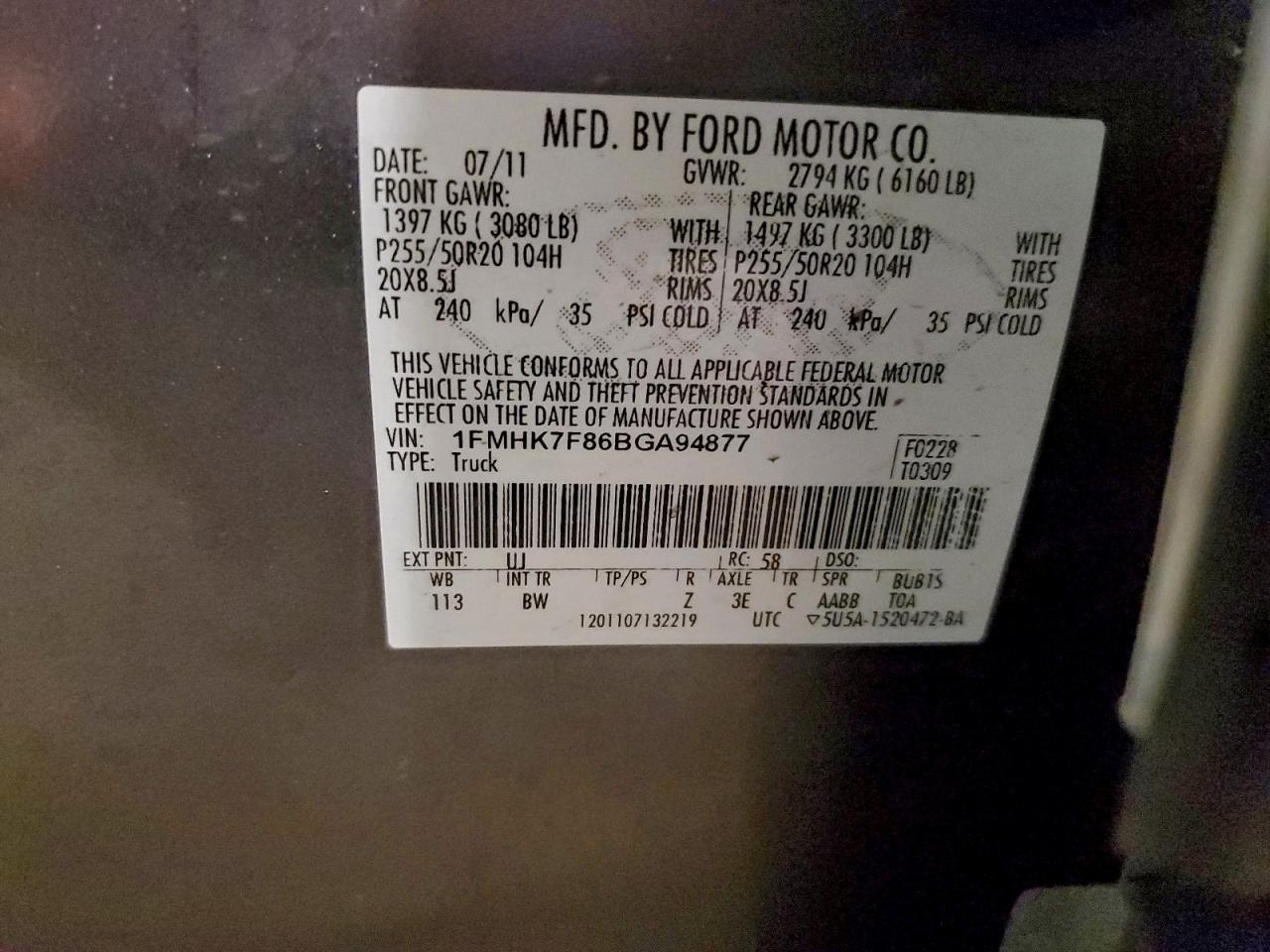 2011 Ford Explorer Limited VIN: 1FMHK7F86BGA94877 Lot: 94506445