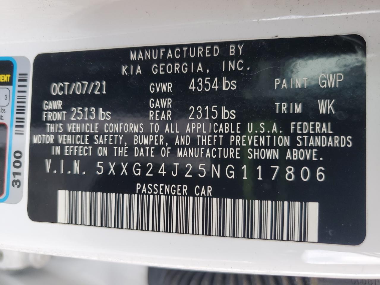 2022 Kia K5 Lx VIN: 5XXG24J25NG117806 Lot: 93319595