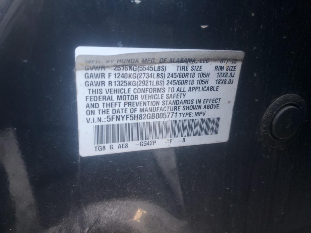 2016 Honda Pilot Exl VIN: 5FNYF5H82GB005771 Lot: 91980995