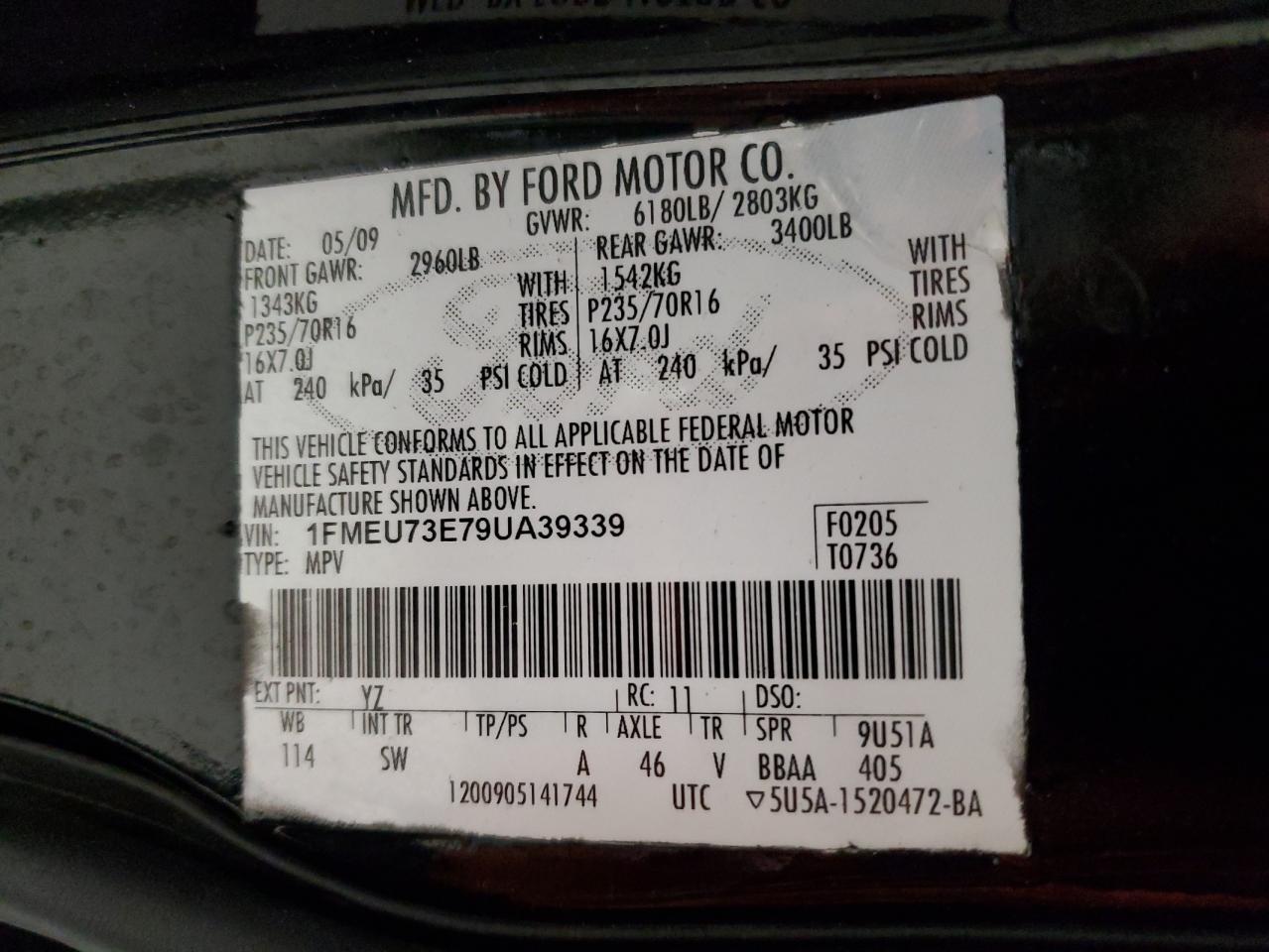 2009 Ford Explorer Xlt VIN: 1FMEU73E79UA39339 Lot: 91881305