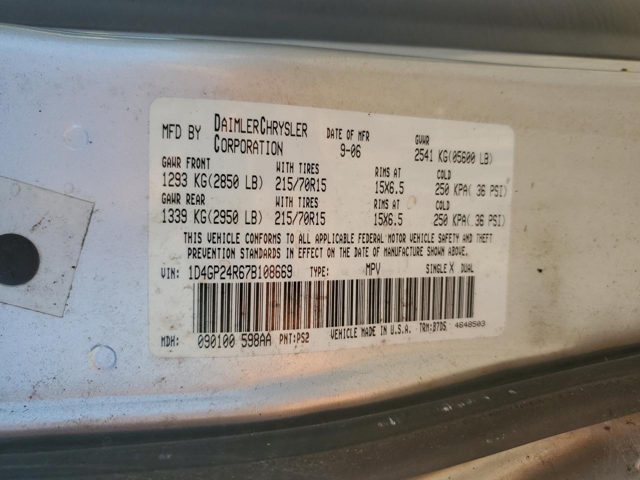 2007 Dodge Grand Caravan Se VIN: 1D4GP24R67B108669 Lot: 92071005