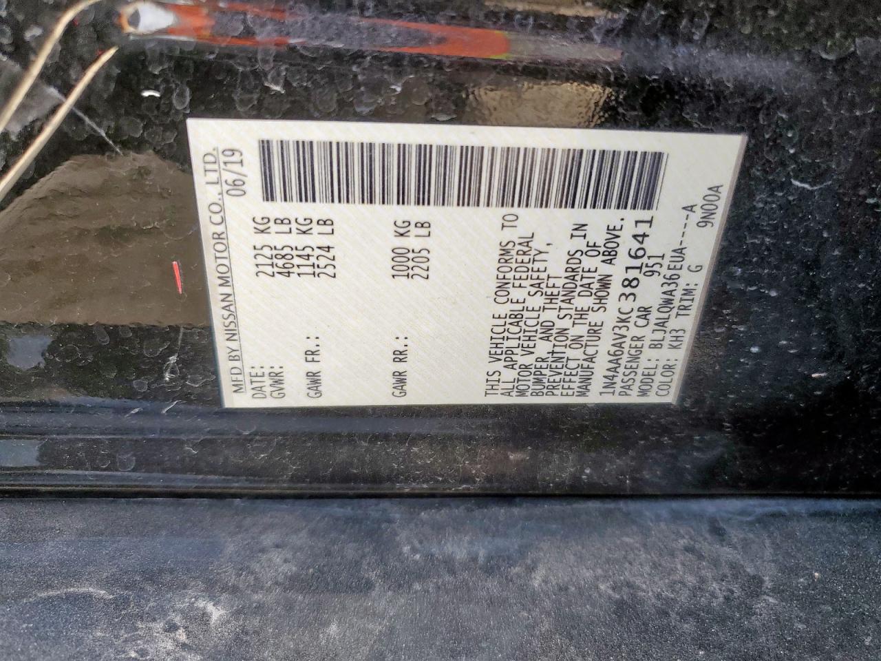 2019 Nissan Maxima S VIN: 1N4AA6AV3KC381641 Lot: 93114715