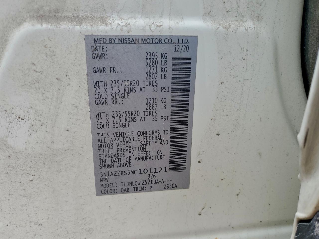 2021 Nissan Murano Sv VIN: 5N1AZ2BS5MC101121 Lot: 94573355