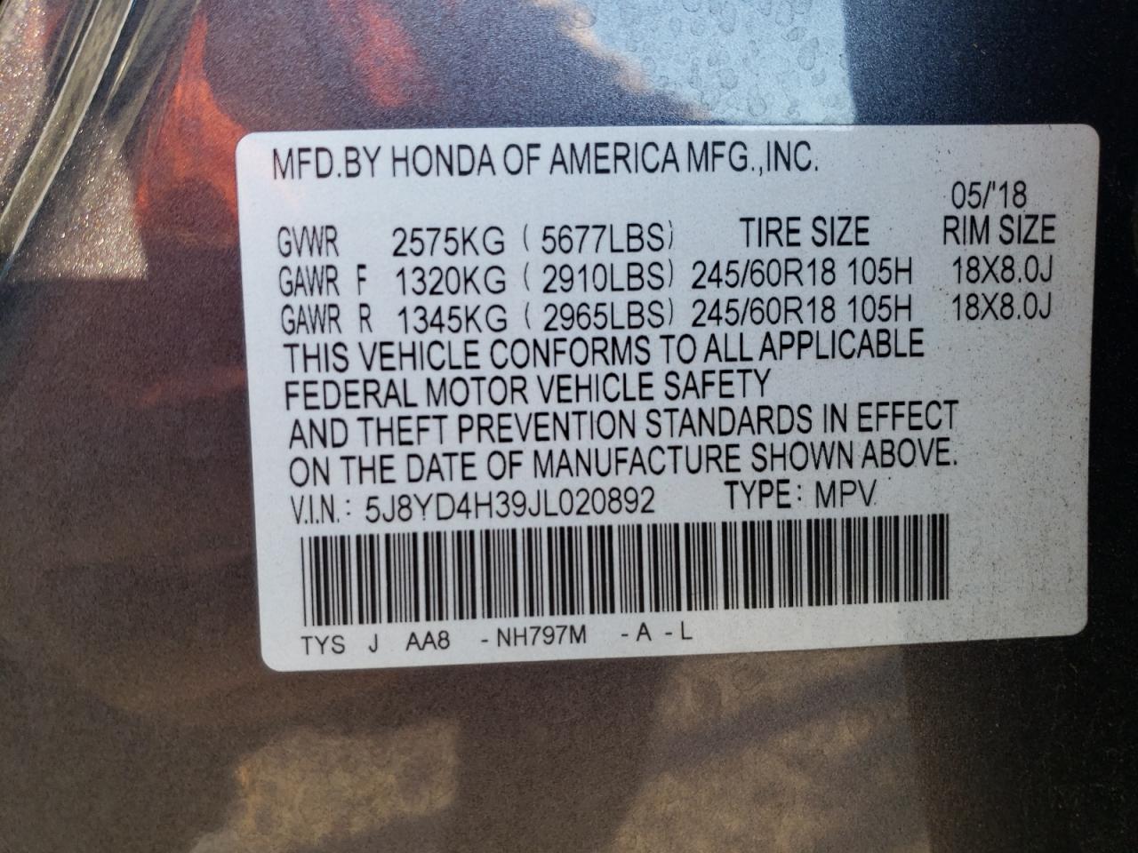 2018 Acura Mdx VIN: 5J8YD4H39JL020892 Lot: 93280695