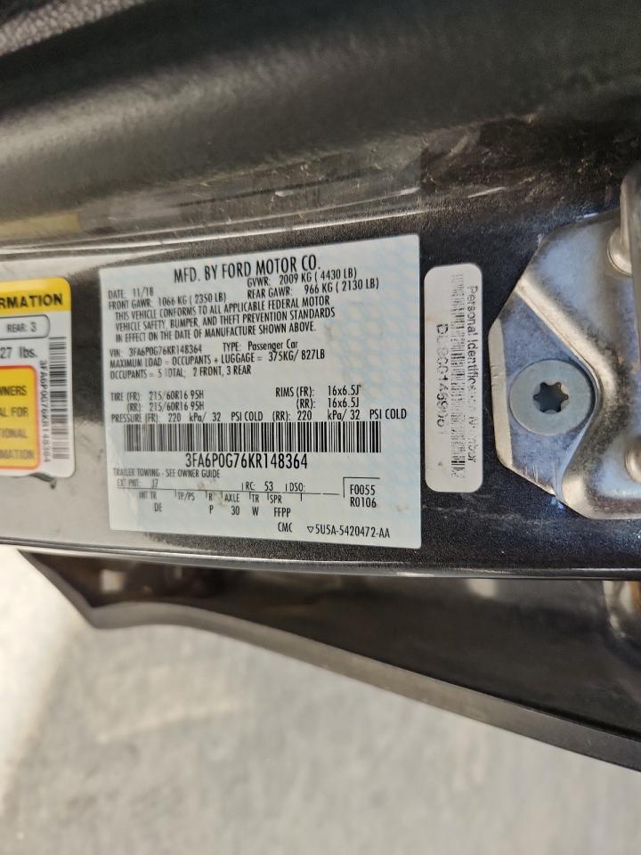 2019 Ford Fusion S VIN: 3FA6P0G76KR148364 Lot: 92075335