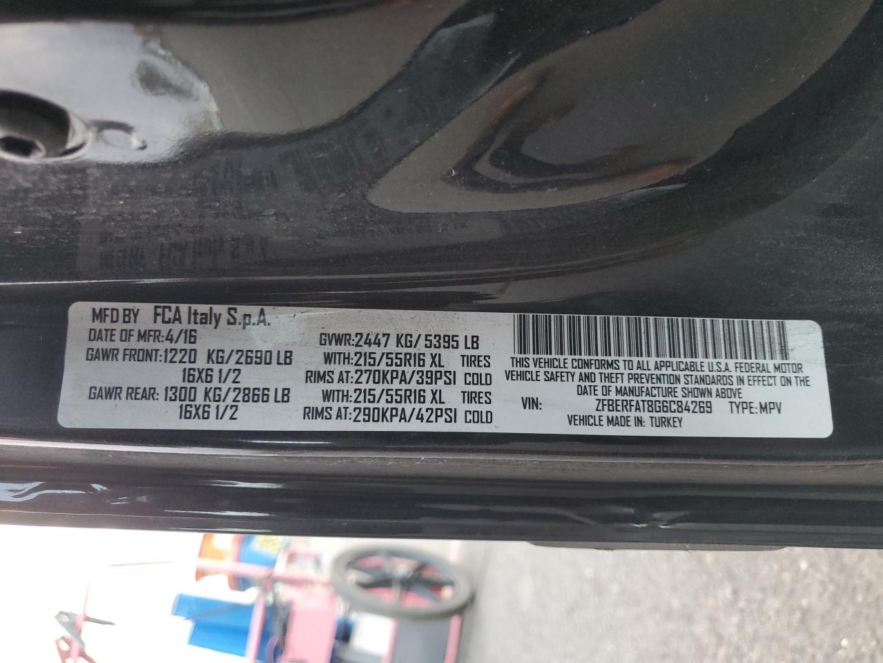 2016 Ram Promaster Utility / Service Van VIN: ZFBERFAT8G6C84269 Lot: 92246535