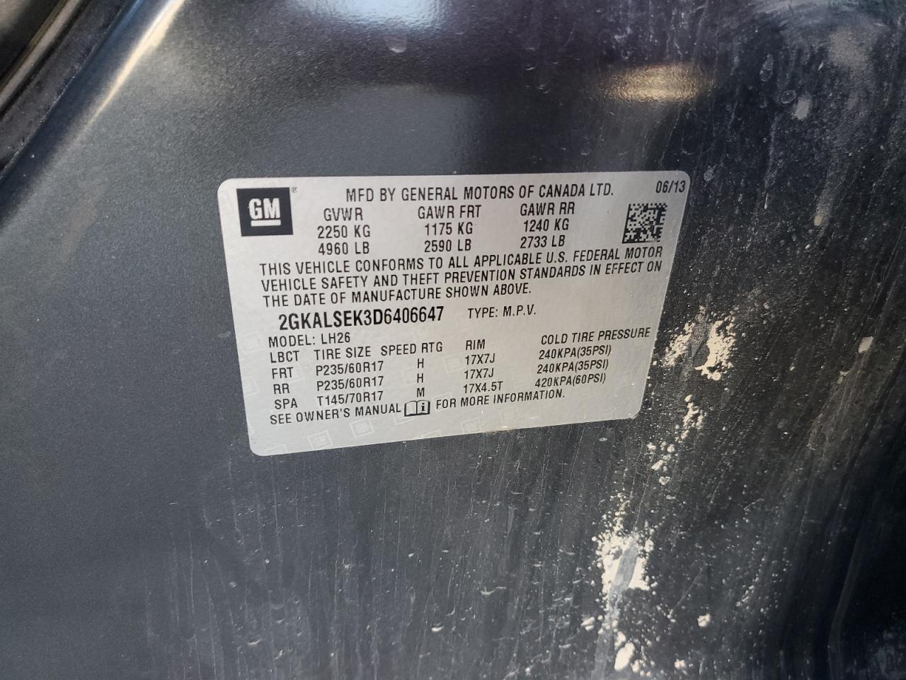 2013 GMC Terrain Sle VIN: 2GKALSEK3D6406647 Lot: 90628465