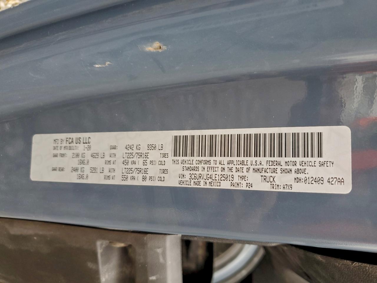 2020 Ram Promaster 3500 3500 High VIN: 3C6URVJG4LE125019 Lot: 93629045