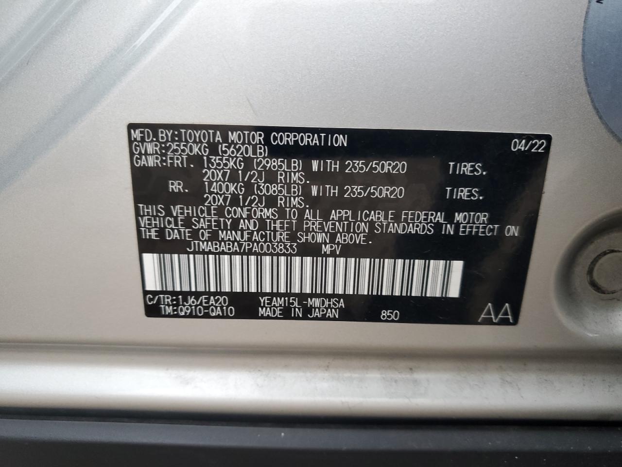 2023 Toyota Bz4X Xle VIN: JTMABABA7PA003833 Lot: 92737735