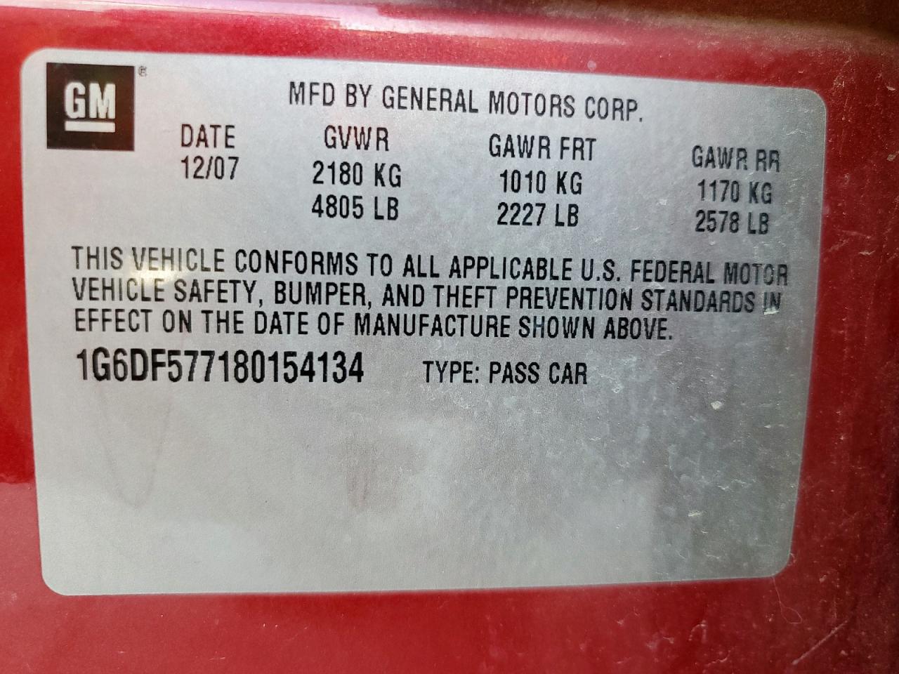 2008 Cadillac Cts VIN: 1G6DF577180154134 Lot: 93479185