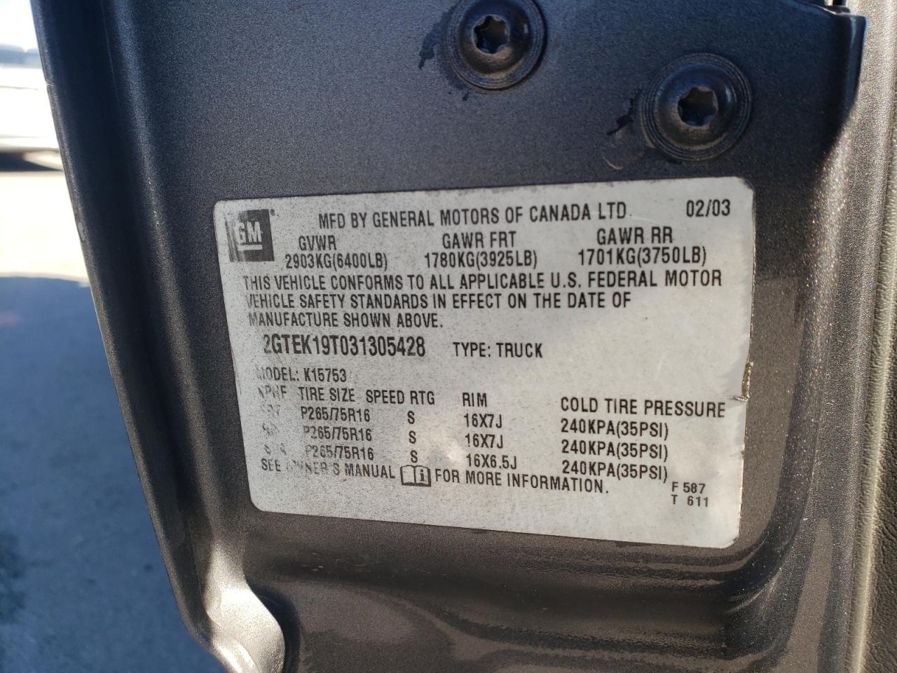 2003 GMC New Sierra K1500 VIN: 2GTEK19T031305428 Lot: 92348075