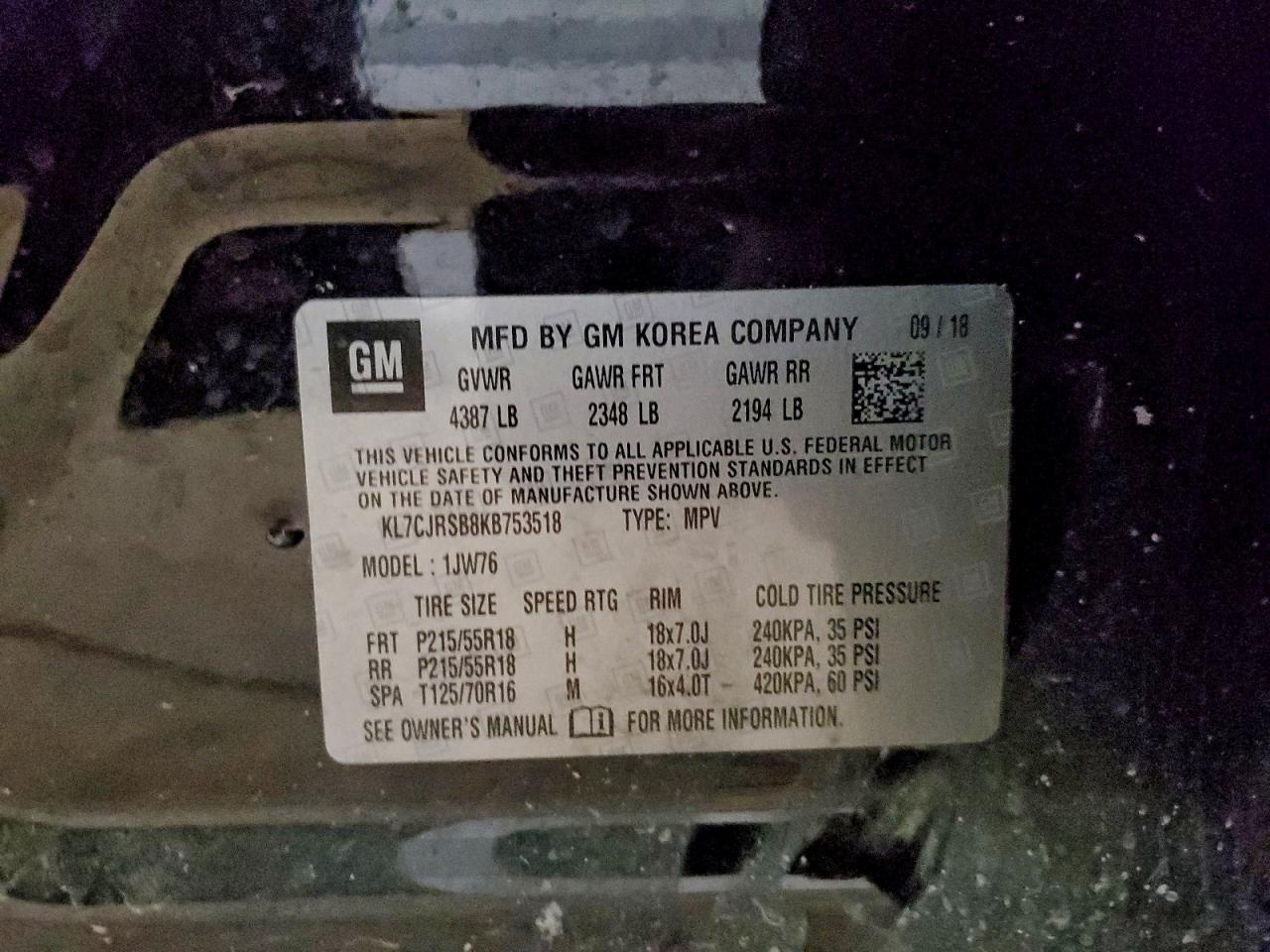 2019 Chevrolet Trax Premier VIN: KL7CJRSB8KB753518 Lot: 93938975