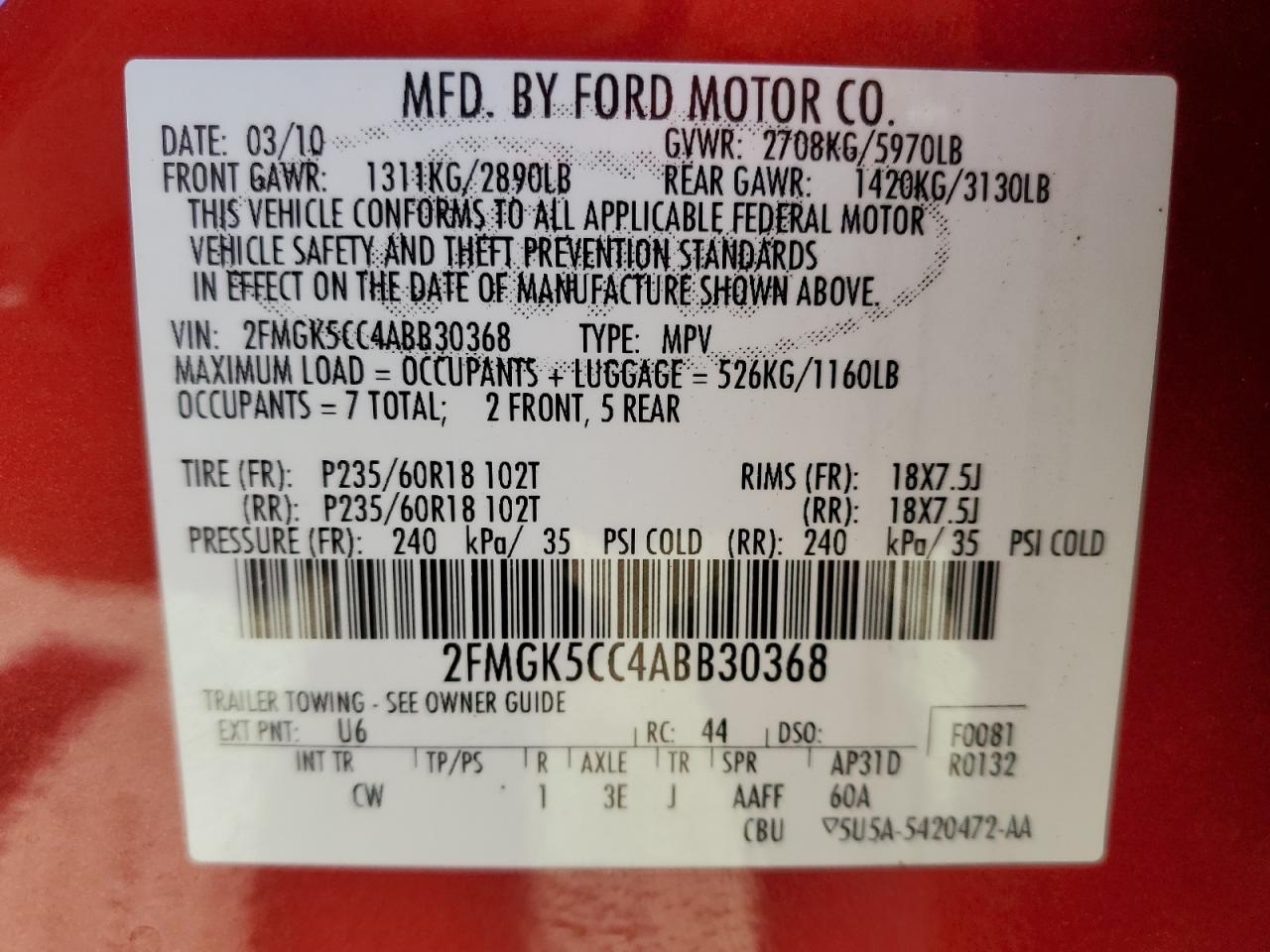 2010 Ford Flex Sel VIN: 2FMGK5CC4ABB30368 Lot: 92350595