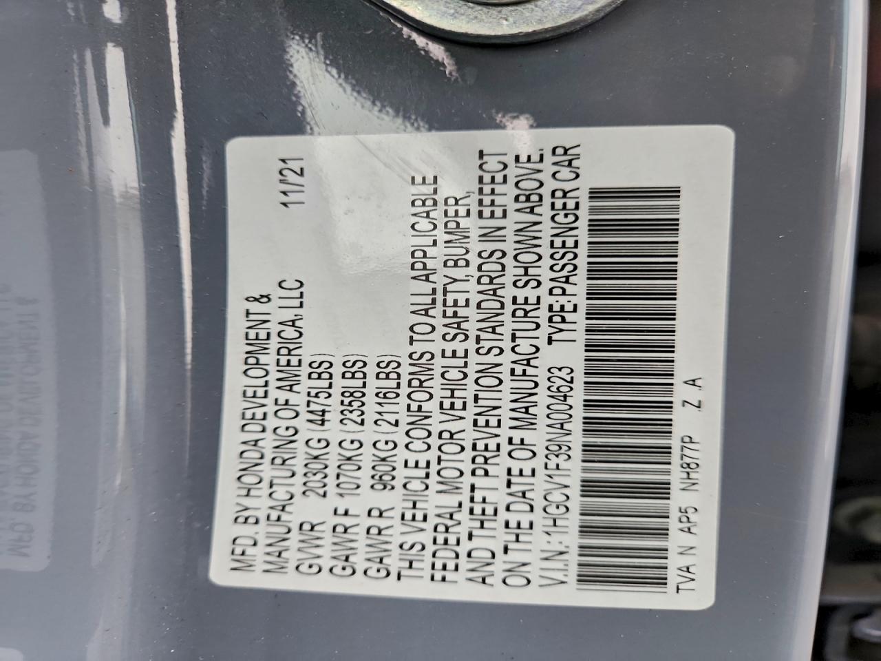 2022 Honda Accord Sport VIN: 1HGCV1F39NA004623 Lot: 93931965