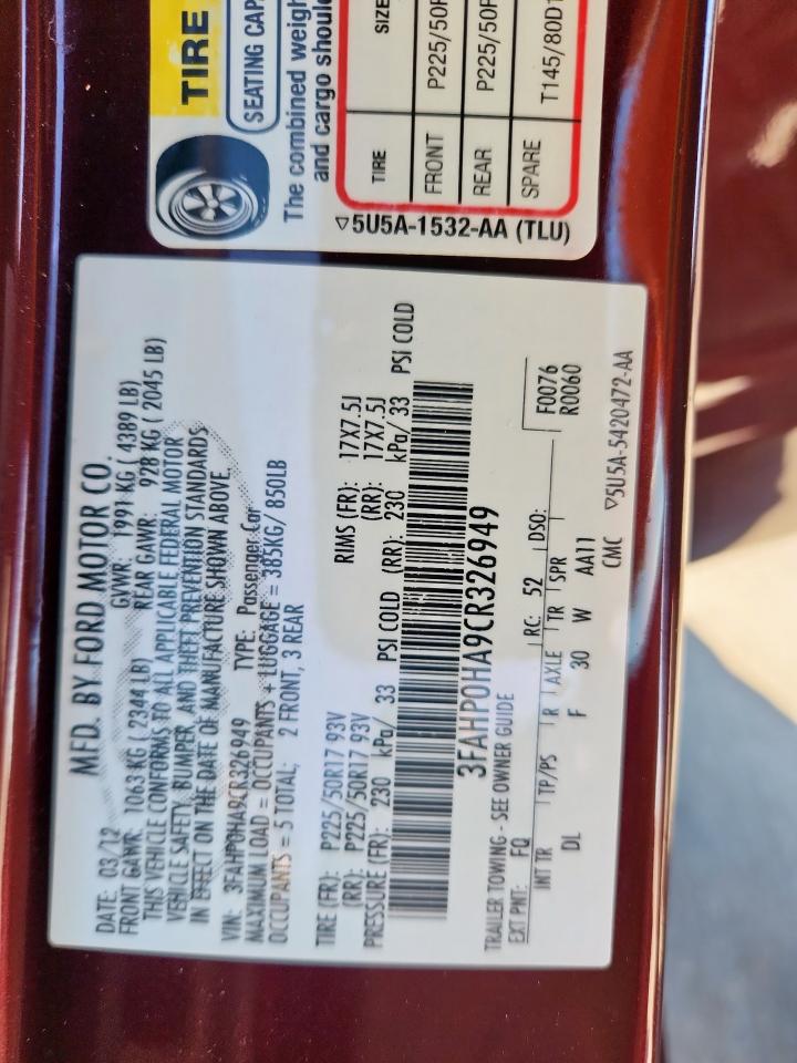 2012 Ford Fusion Se VIN: 3FAHP0HA9CR326949 Lot: 91924805