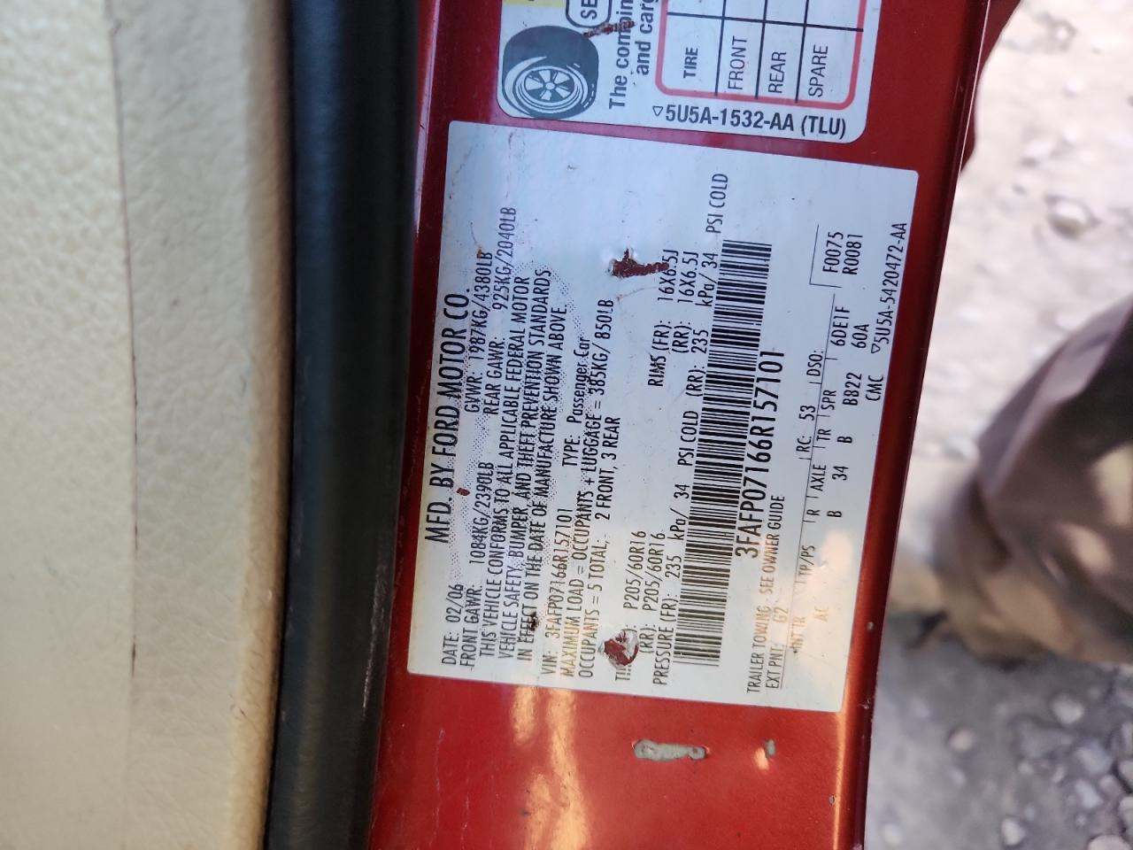 2006 Ford Fusion Se VIN: 3FAFP07166R157101 Lot: 91596355