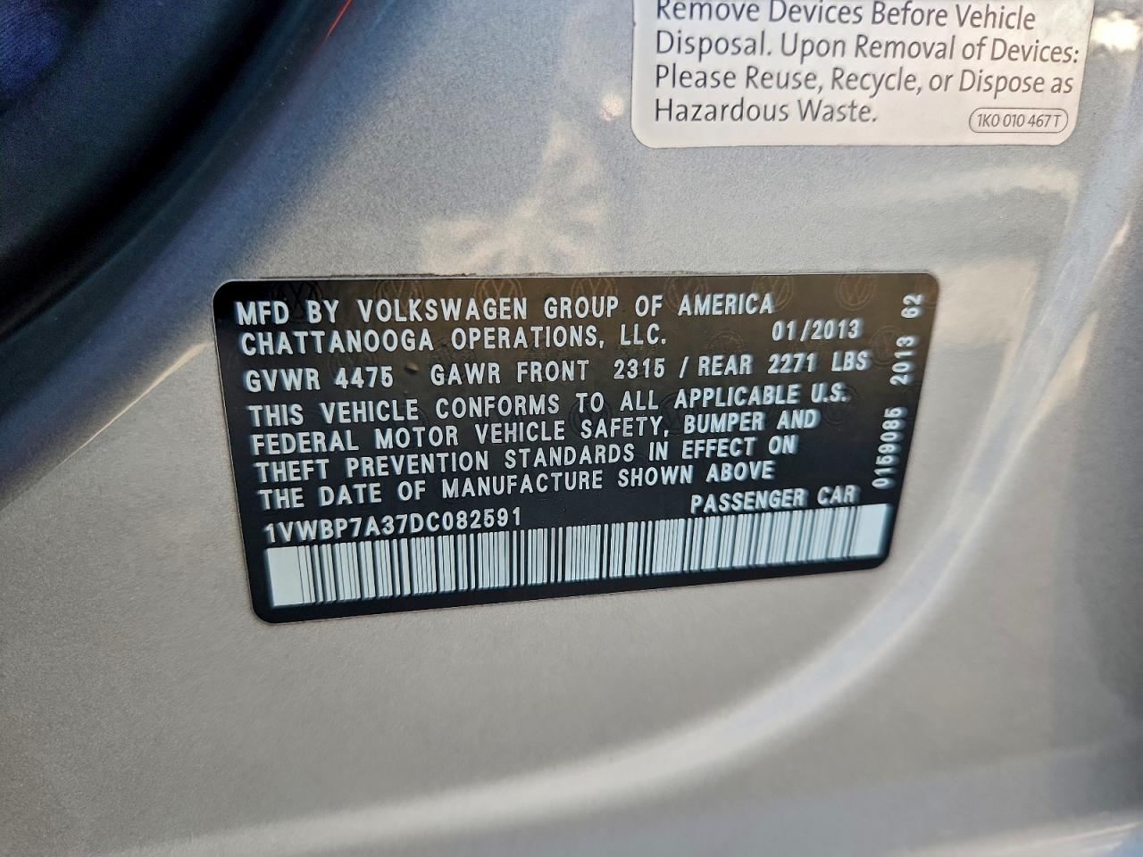 2013 Volkswagen Passat Se VIN: 1VWBP7A37DC082591 Lot: 92455985